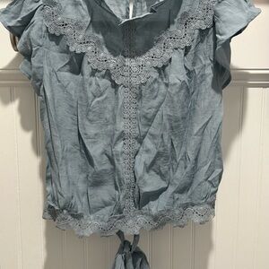 Mine Blue Tie Front Ruffled Bib Collar Blouse